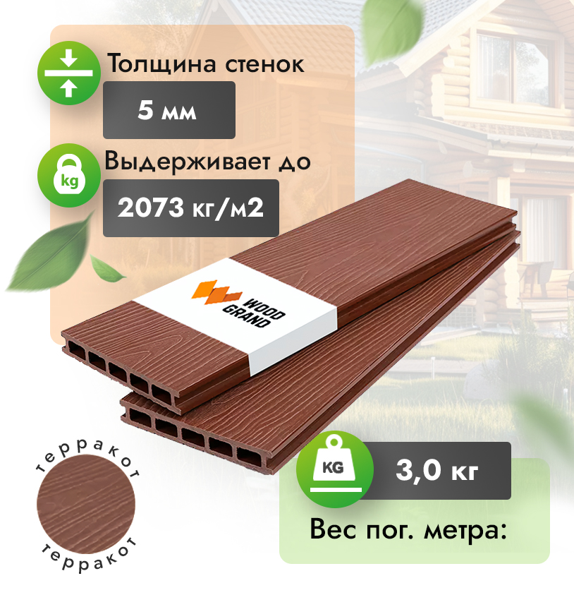 Террасная доска МПК с тиснением 150x22 мм терракот