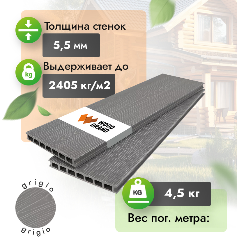 Террасная доска МПК с тиснением 200x24 мм серый